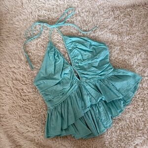 Free People Aqua Ruffle Halter Top